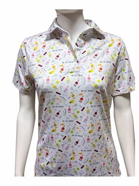 On The Rocks Women’s White Cocktails & Barware Print Polo Shirt Size Small